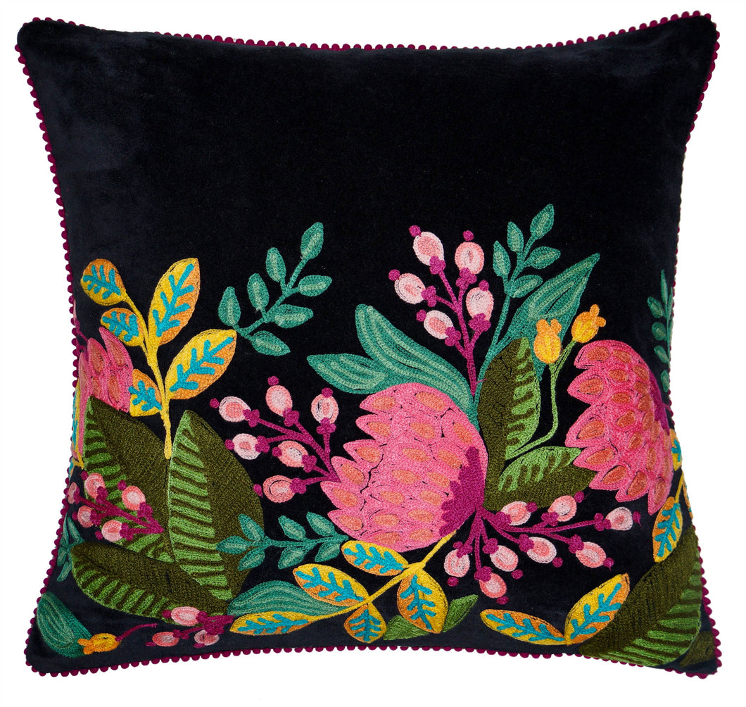 Embroidered Flowers on Black Velvet Pillow
