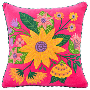 Embroidered Flowers on Fuchsia Velvet Pillow