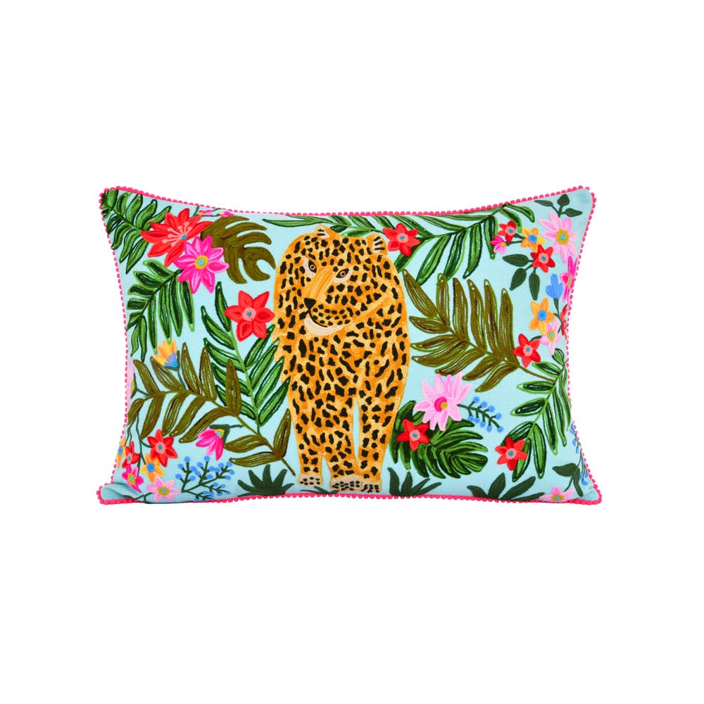 Embroidered Jungle Leopard Cotton Pillow